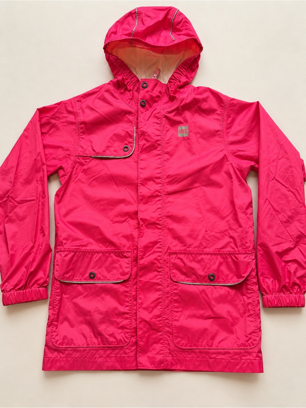 MEC Mountain Equipment Co-op Hot Pink Hooded Rain Jacket Reflective